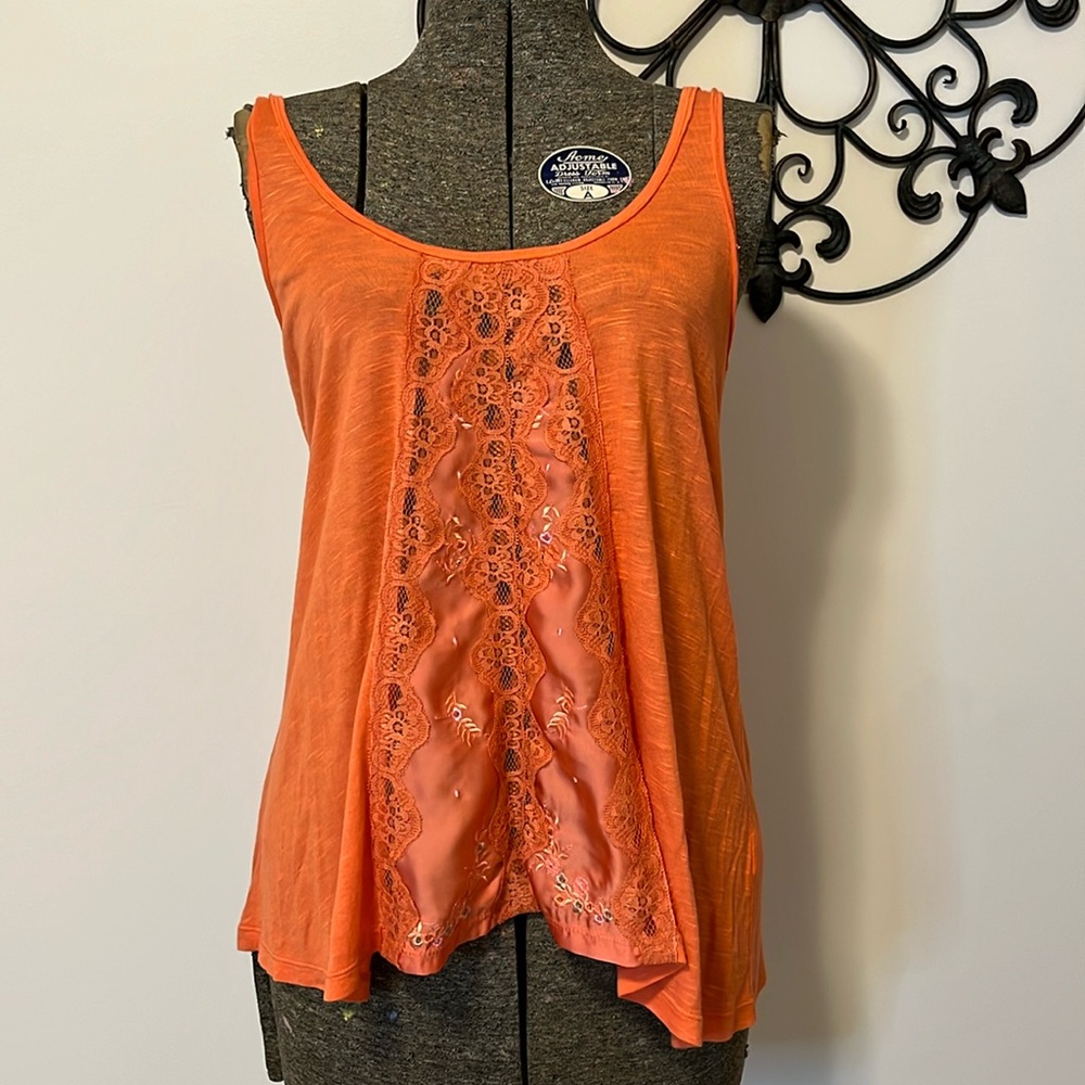 Free People tank top with lace/embroidery detail front, orange, S